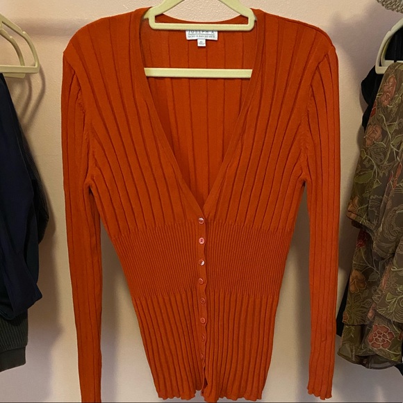 Orange Ribbed V-Neck Cardigan Sweater - Picture 1 of 4